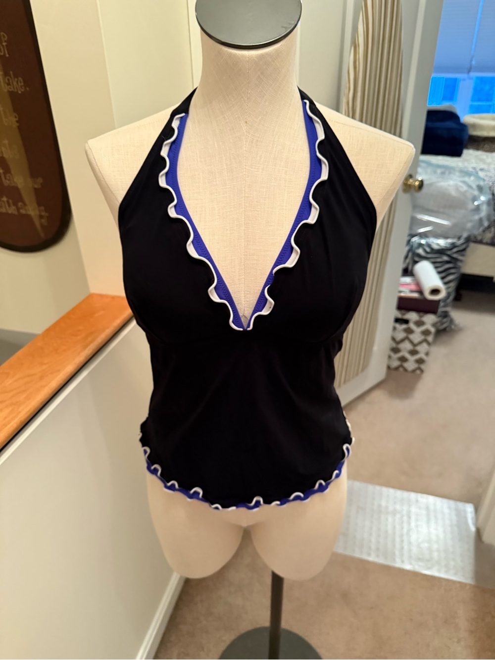 Black Halter Ruffle Trim Tank Top with Blue Accents with skirt swimsuit